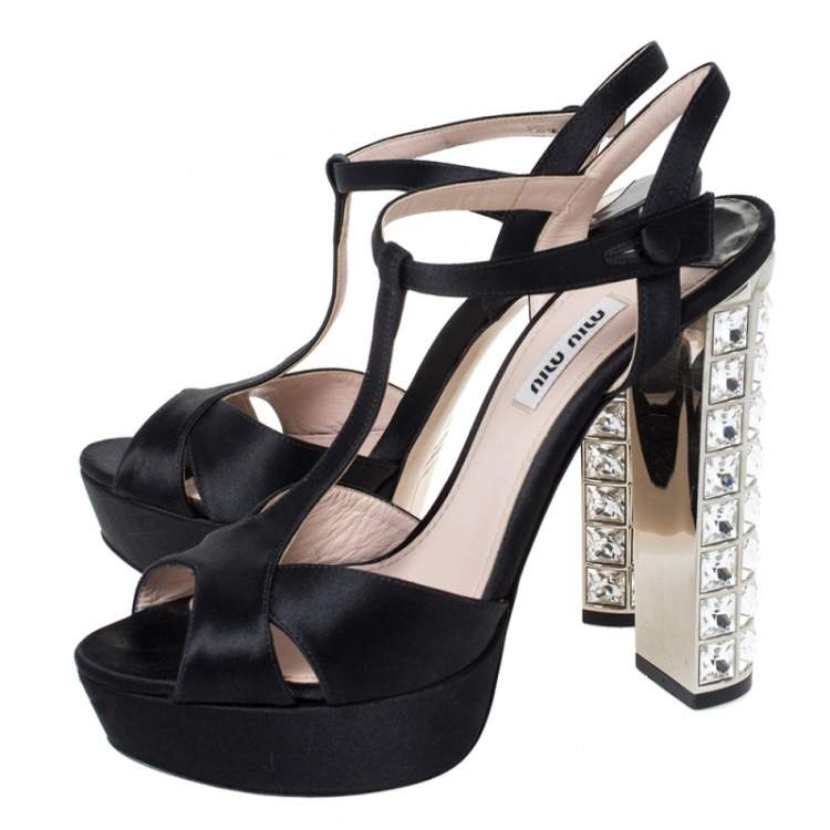 Pre Owned Miu Miu Black Cut Out Satin T Strap Crystal Embellished Heel Platform Sandals Size 38