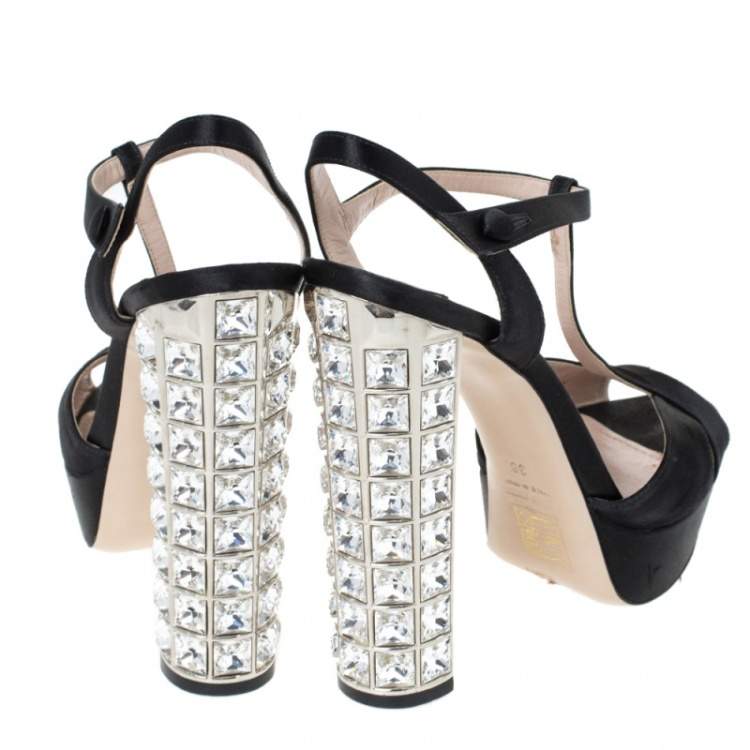 Pre Owned Miu Miu Black Cut Out Satin T Strap Crystal Embellished Heel Platform Sandals Size 38