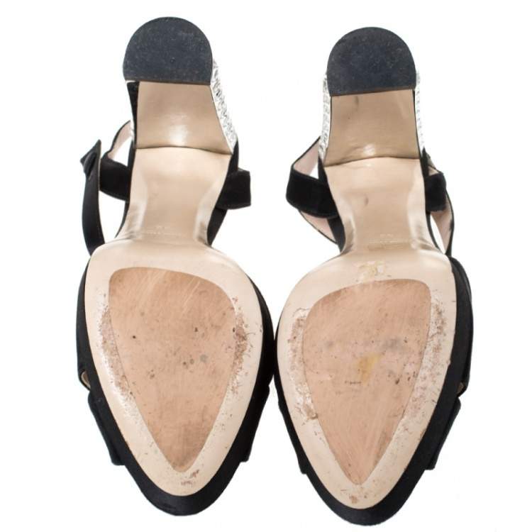 Pre Owned Miu Miu Black Cut Out Satin T Strap Crystal Embellished Heel Platform Sandals Size 38