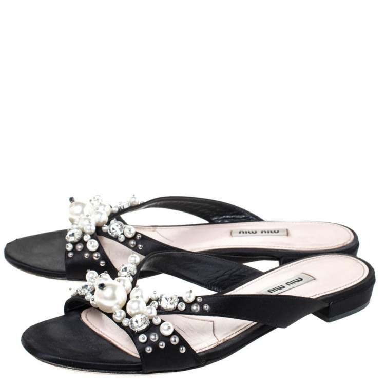 Pre Owned Miu Miu Black Satin Pearl Embellished Strappy Flats Size 39