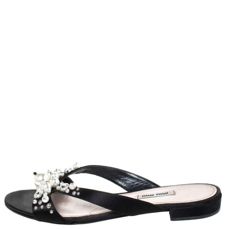 Pre Owned Miu Miu Black Satin Pearl Embellished Strappy Flats Size 39