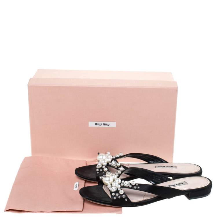 Pre Owned Miu Miu Black Satin Pearl Embellished Strappy Flats Size 39