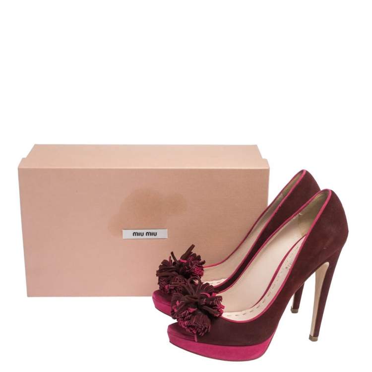 Pre Owned Miu Miu Red/Pink Suede Tassel Detail Peep Toe Platform Pumps Size 38.5