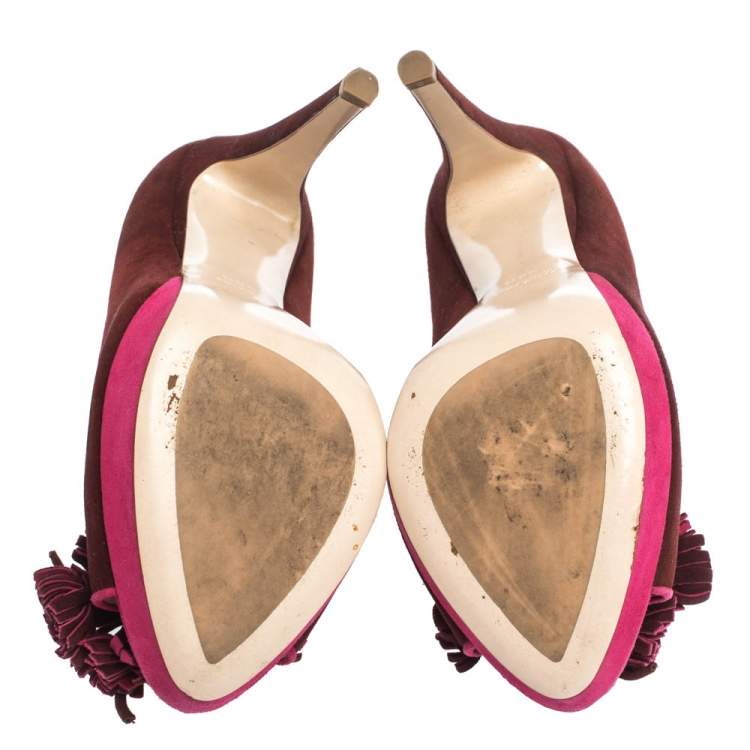 Pre Owned Miu Miu Red/Pink Suede Tassel Detail Peep Toe Platform Pumps Size 38.5