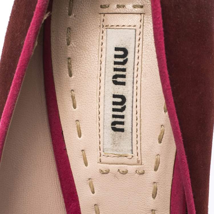 Pre Owned Miu Miu Red/Pink Suede Tassel Detail Peep Toe Platform Pumps Size 38.5