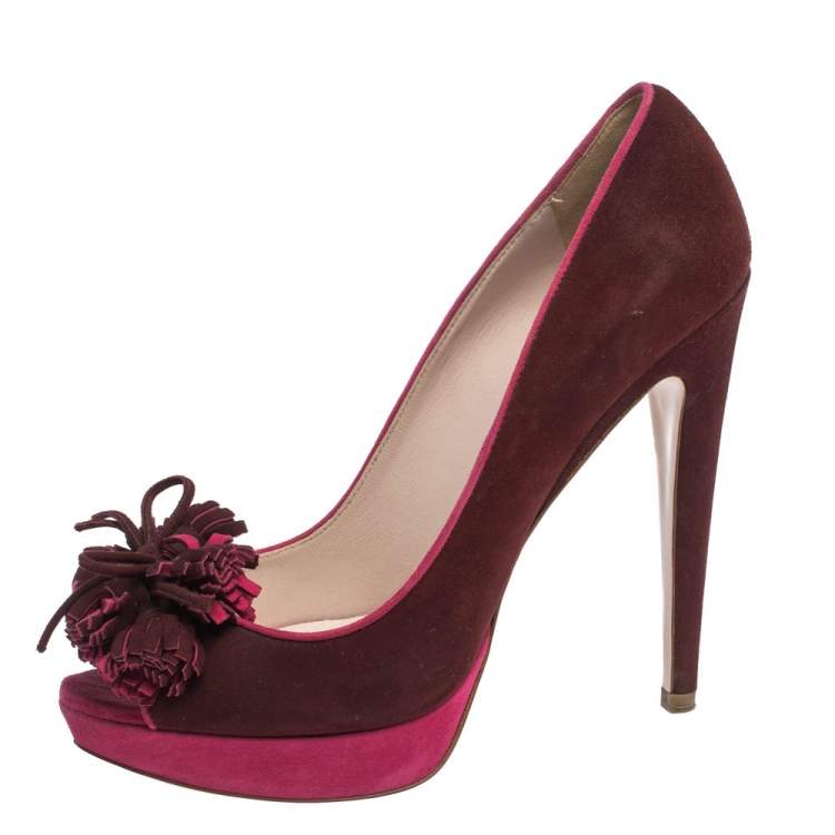 Pre Owned Miu Miu Red/Pink Suede Tassel Detail Peep Toe Platform Pumps Size 38.5