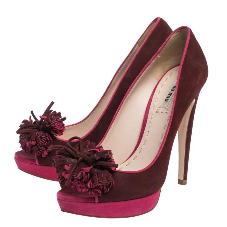 Pre Owned Miu Miu Red/Pink Suede Tassel Detail Peep Toe Platform Pumps Size 38.5