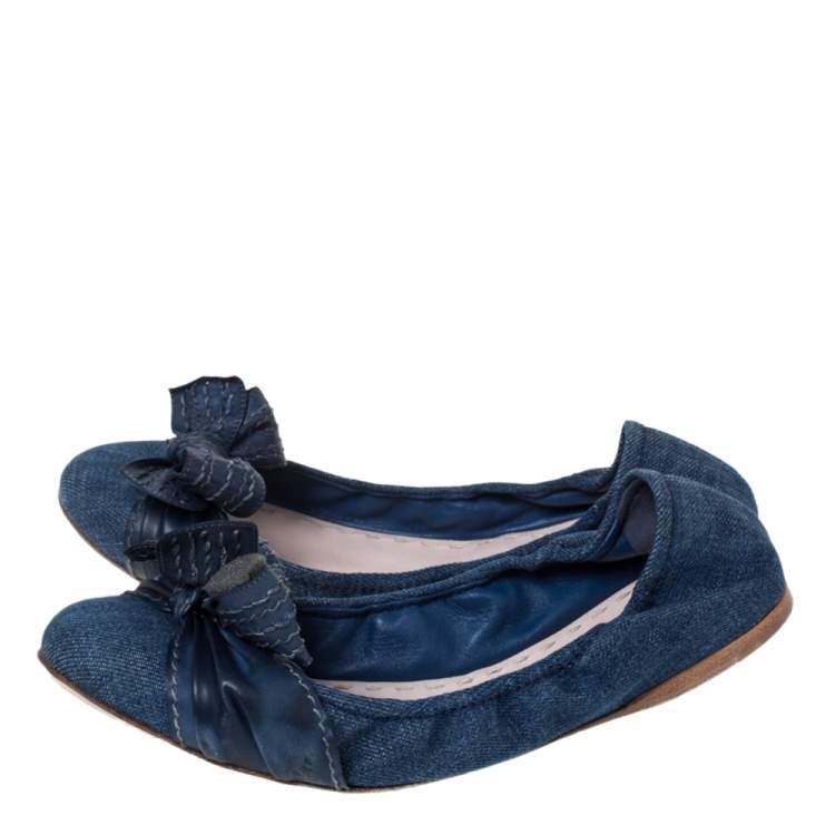 Pre Owned Miu Miu Blue Denim And Leather Bow Scrunch Ballet Flats Size 41