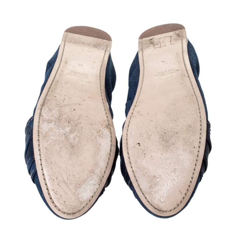Pre Owned Miu Miu Blue Denim And Leather Bow Scrunch Ballet Flats Size 41