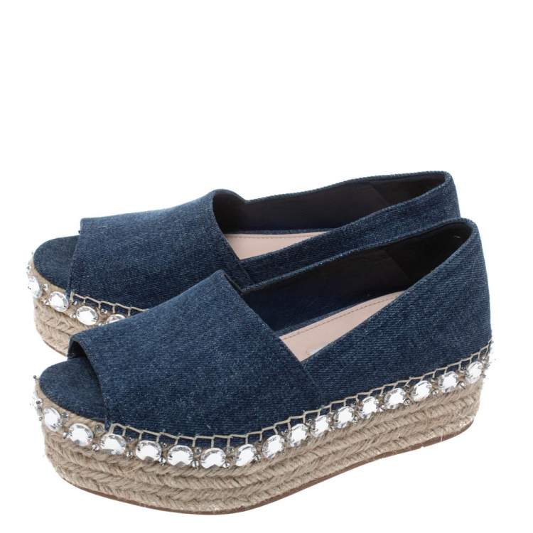 Pre Owned Miu Miu Indigo Dark Wash Denim Crystal Embellished Peep Toe Platform Espadrilles Size 35