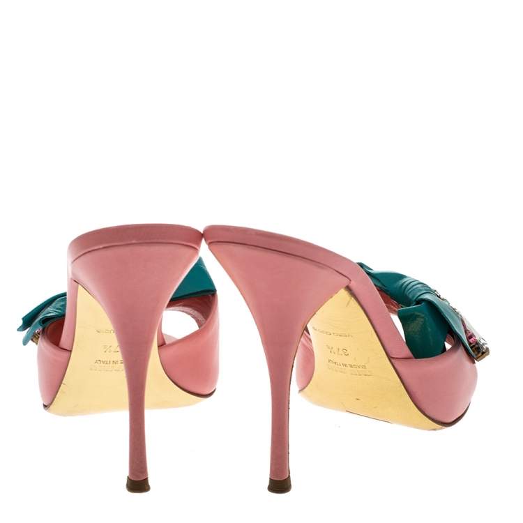 Pre Owned Miu Miu Coral Orange/Green Leather Crystal Embellished Bow Slide Sandals Size 37.5