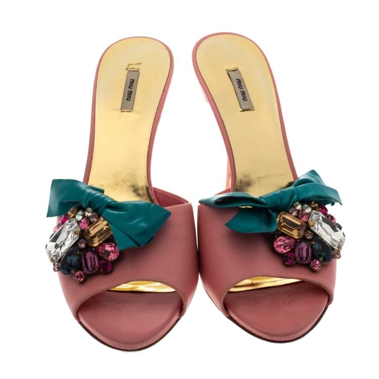 Pre Owned Miu Miu Coral Orange/Green Leather Crystal Embellished Bow Slide Sandals Size 37.5