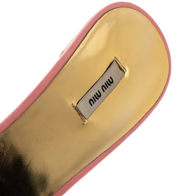 Pre Owned Miu Miu Coral Orange/Green Leather Crystal Embellished Bow Slide Sandals Size 37.5