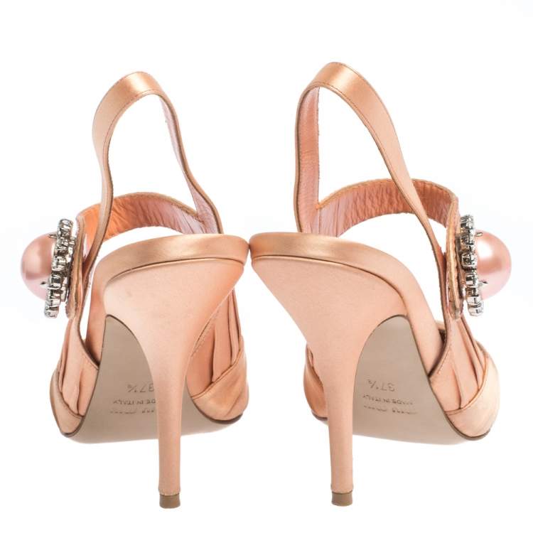 Pre Owned Miu Miu Peach Pleated Satin Crystal Embellished Pointed Toe Slingback Sandals Size 37.5