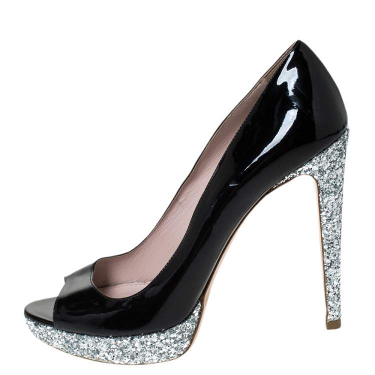 Pre Owned Miu Miu Black Patent Leather And Coarse Glitter Peep Toe Platform Pumps Size 40