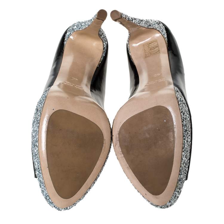 Pre Owned Miu Miu Black Patent Leather And Coarse Glitter Peep Toe Platform Pumps Size 40