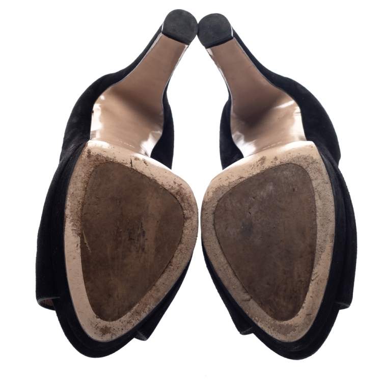 Pre Owned Miu Miu Black Suede Leather Peep Toe Platform Pumps Size 38.5 