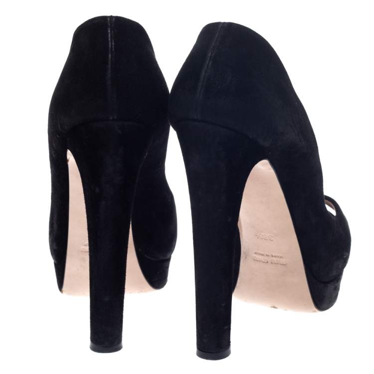Pre Owned Miu Miu Black Suede Leather Peep Toe Platform Pumps Size 38.5 