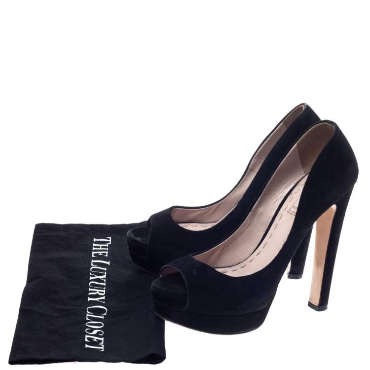 Pre Owned Miu Miu Black Suede Leather Peep Toe Platform Pumps Size 38.5 
