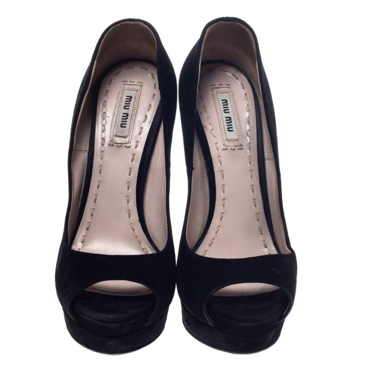 Pre Owned Miu Miu Black Suede Leather Peep Toe Platform Pumps Size 38.5 