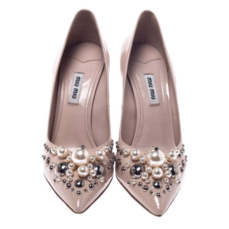 Pre Owned Miu Miu Black Patent Leather Pearl Embellished Pointed Toe Pumps Size 38
