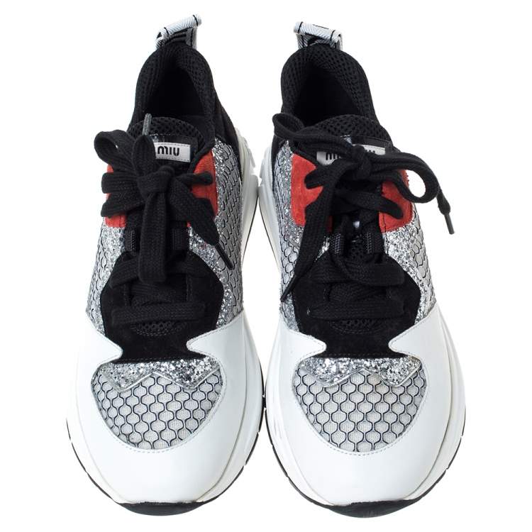 Pre Owned Miu Miu Multicolor Leather, Mesh And Glitter Fabric Lace Up Sneakers Size 39