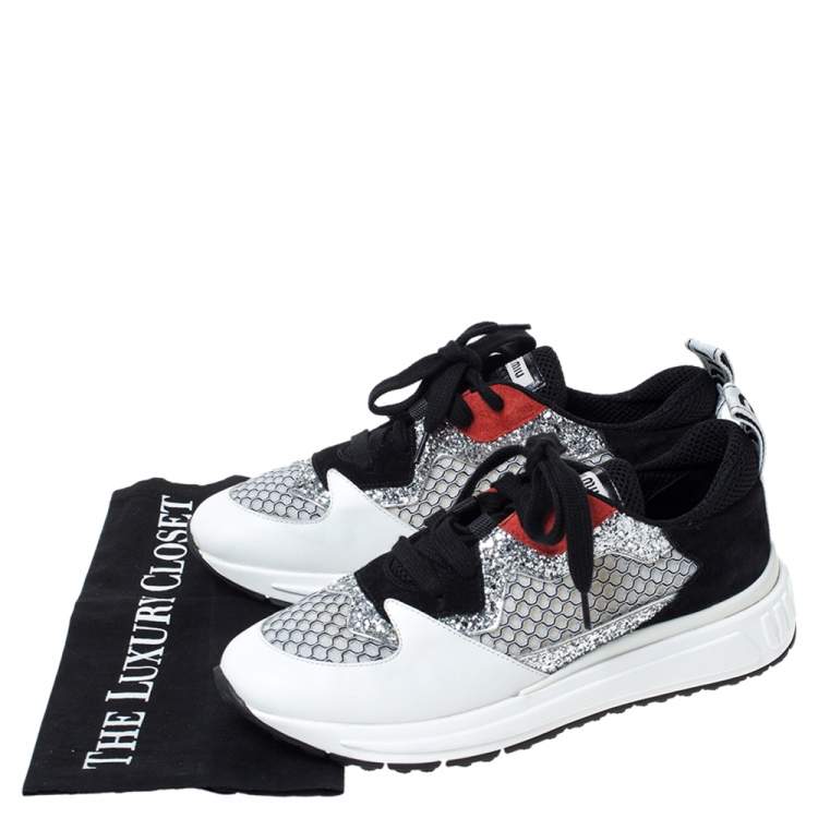 Pre Owned Miu Miu Multicolor Leather, Mesh And Glitter Fabric Lace Up Sneakers Size 39