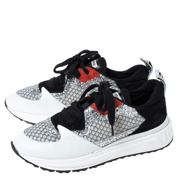 Pre Owned Miu Miu Multicolor Leather, Mesh And Glitter Fabric Lace Up Sneakers Size 39