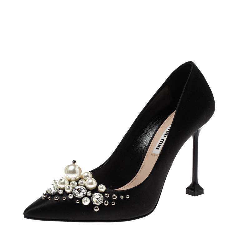 Miu Miu Black Satin Crystal and Pearl Embellished Pointed Toe Pumps Size 36 Miu  Miu | TLC