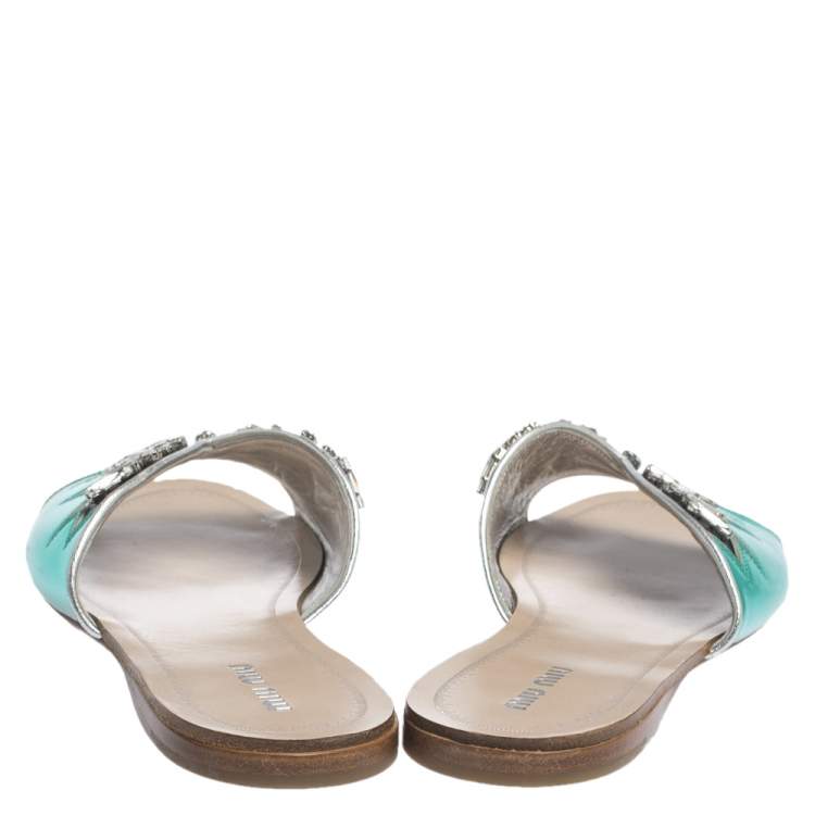مملوكة مسبقًا Miu Miu Metallic Green/Black Leather Crystal Embellished Slide Sandals Size 38