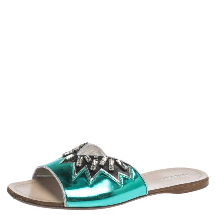 مملوكة مسبقًا Miu Miu Metallic Green/Black Leather Crystal Embellished Slide Sandals Size 38