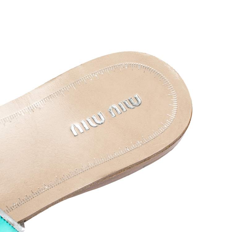 مملوكة مسبقًا Miu Miu Metallic Green/Black Leather Crystal Embellished Slide Sandals Size 38