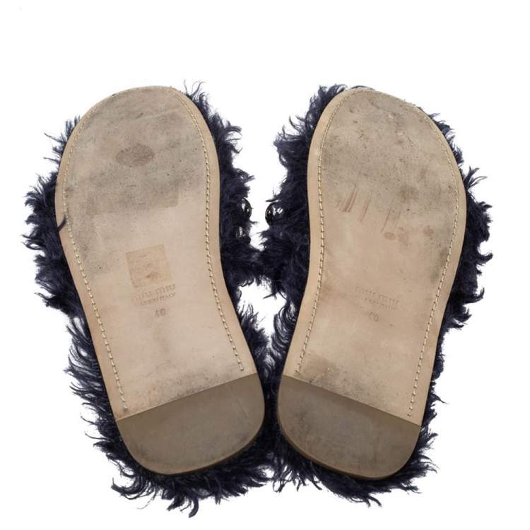 Pre Owned Miu Miu Dark Blue Fur Embellished Flat Slides Size 40