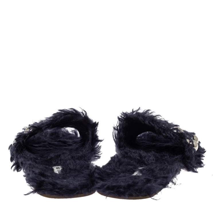 Pre Owned Miu Miu Dark Blue Fur Embellished Flat Slides Size 40