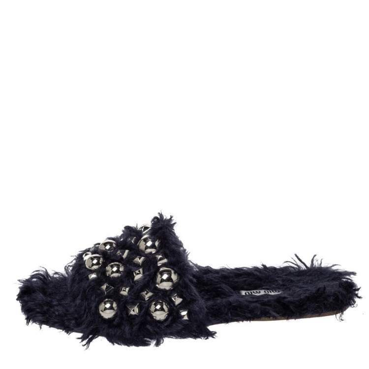 Pre Owned Miu Miu Dark Blue Fur Embellished Flat Slides Size 40