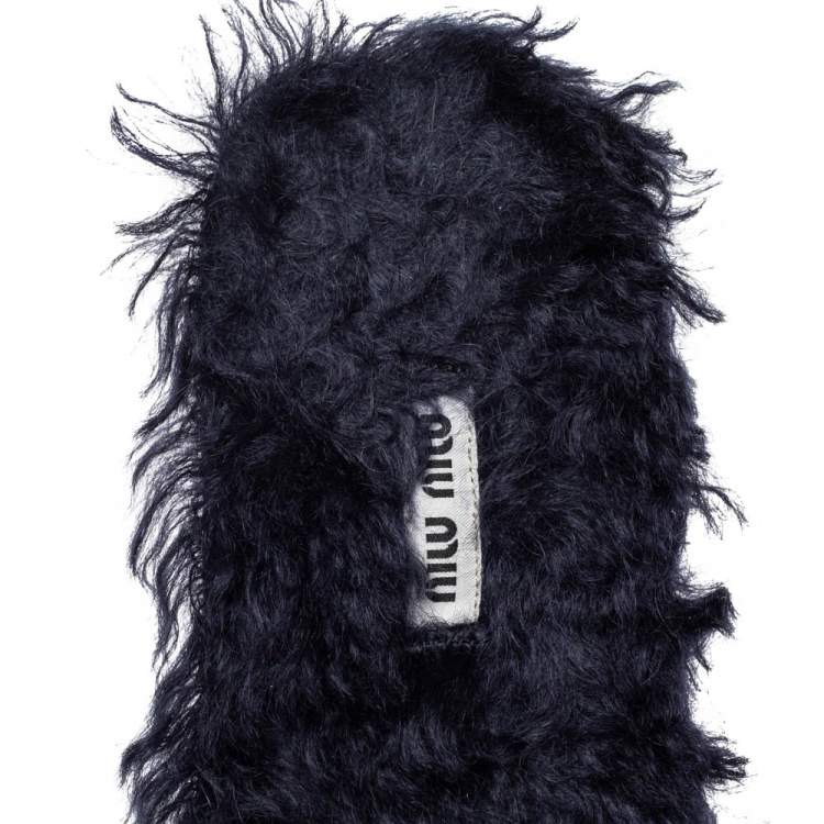 Pre Owned Miu Miu Dark Blue Fur Embellished Flat Slides Size 40