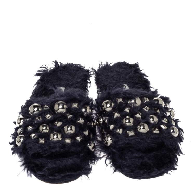 Pre Owned Miu Miu Dark Blue Fur Embellished Flat Slides Size 40