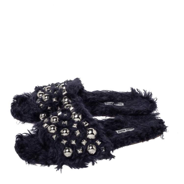 Pre Owned Miu Miu Dark Blue Fur Embellished Flat Slides Size 40
