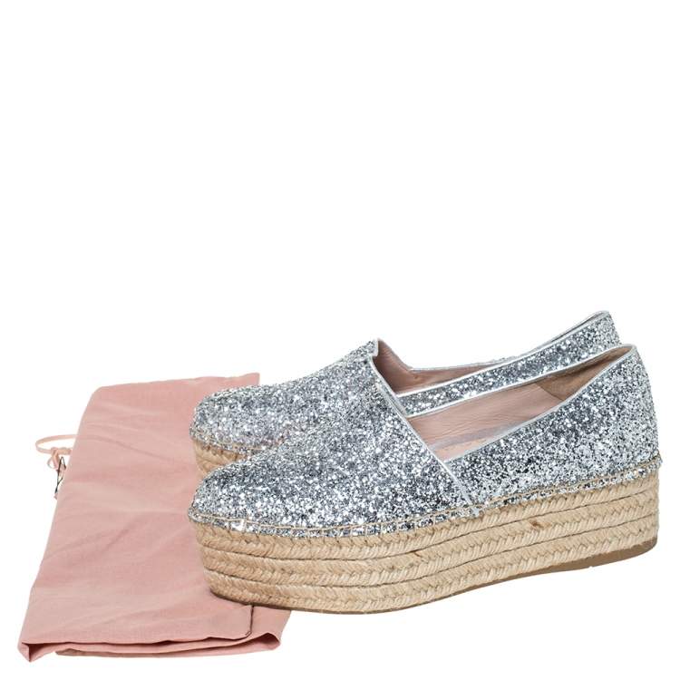 Pre Owned Miu Miu Silver Glitter Fabric Platform Espadrilles Size 37.5