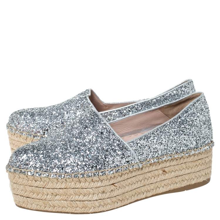 Pre Owned Miu Miu Silver Glitter Fabric Platform Espadrilles Size 37.5