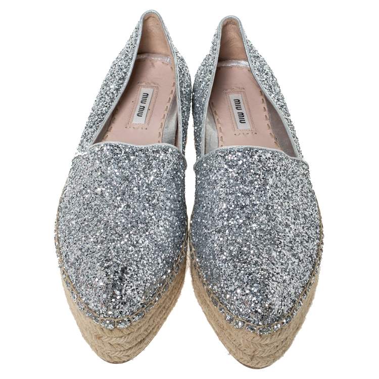 Pre Owned Miu Miu Silver Glitter Fabric Platform Espadrilles Size 37.5