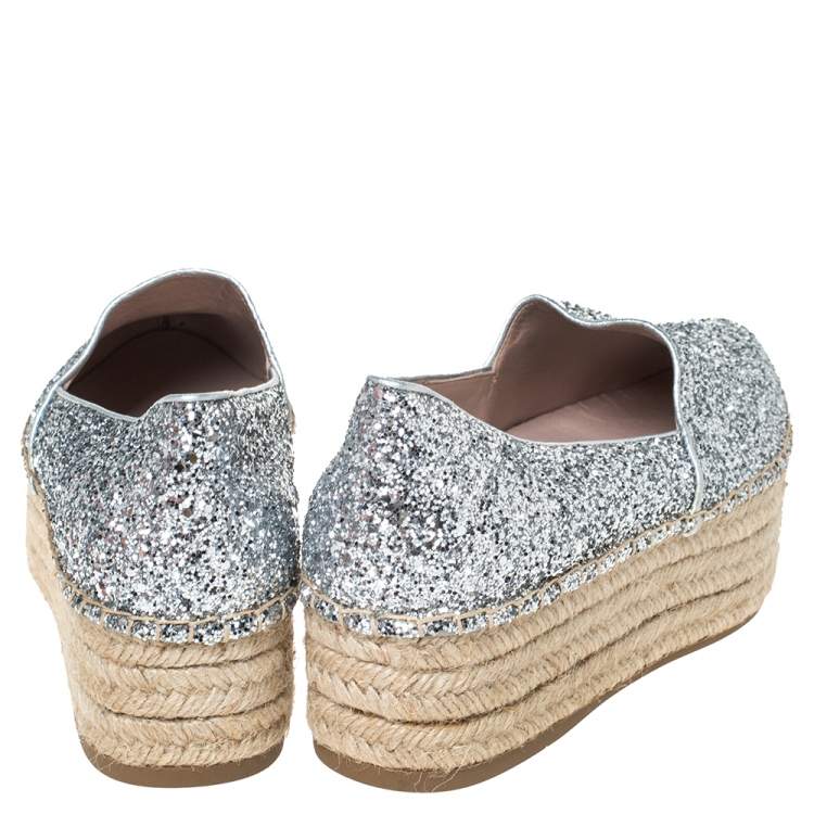 Pre Owned Miu Miu Silver Glitter Fabric Platform Espadrilles Size 37.5
