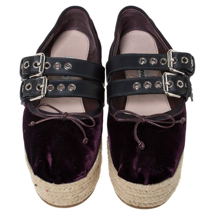 Pre Owned Miu Miu Purple Velvet And Black Double Leather Strap Bow Ballet Platform Espadrilles Size 38
