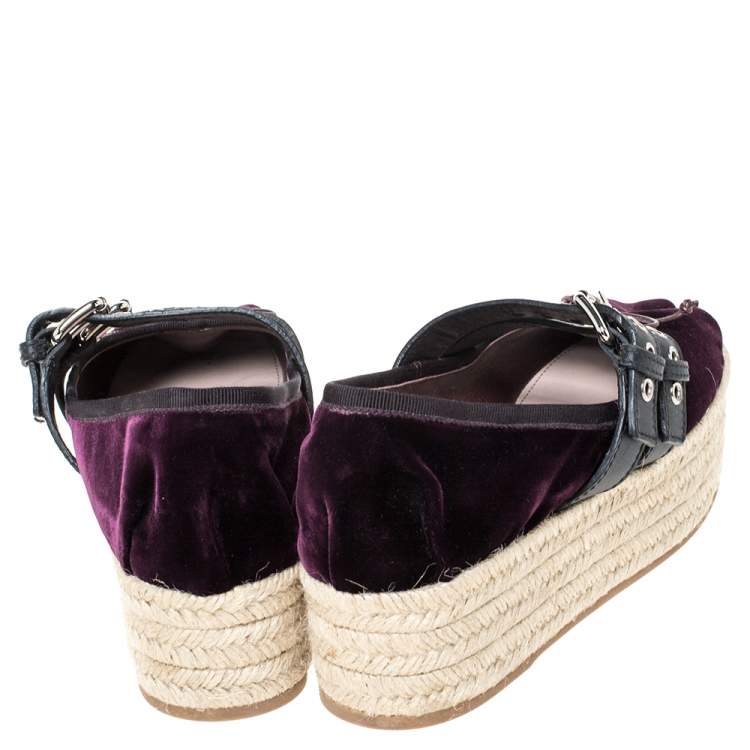 Pre Owned Miu Miu Purple Velvet And Black Double Leather Strap Bow Ballet Platform Espadrilles Size 38