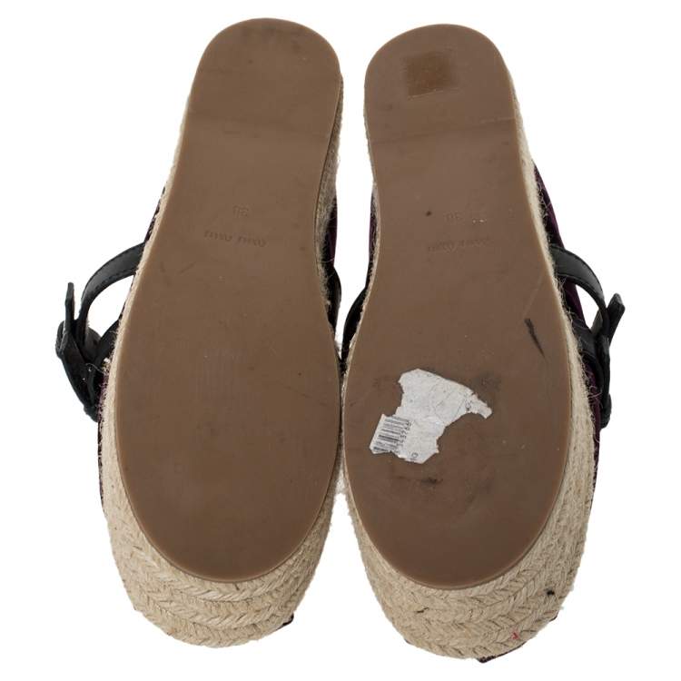 Pre Owned Miu Miu Purple Velvet And Black Double Leather Strap Bow Ballet Platform Espadrilles Size 38