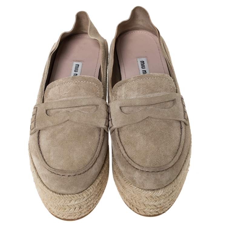Pre Owned Miu Miu Beige Suede Penny Loafer Platform Espadrilles Size 38