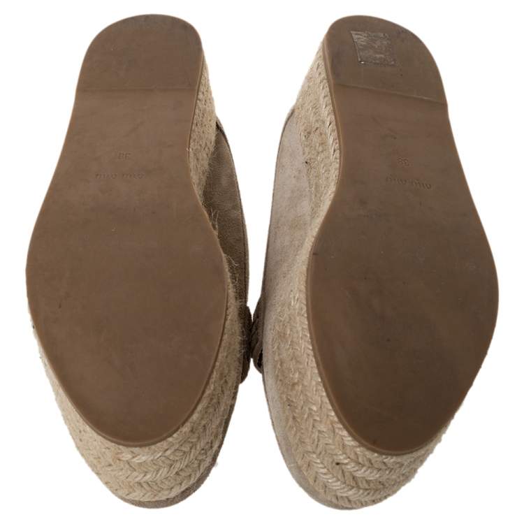 Pre Owned Miu Miu Beige Suede Penny Loafer Platform Espadrilles Size 38