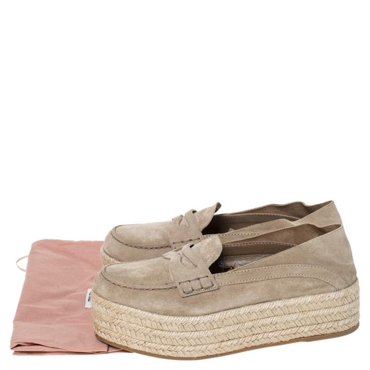 Pre Owned Miu Miu Beige Suede Penny Loafer Platform Espadrilles Size 38