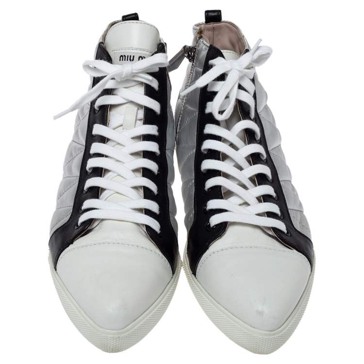 Pre Owned Miu Miu Silver/Black Quilted Leather Lace Up Zipper Sneakers Size 39.5