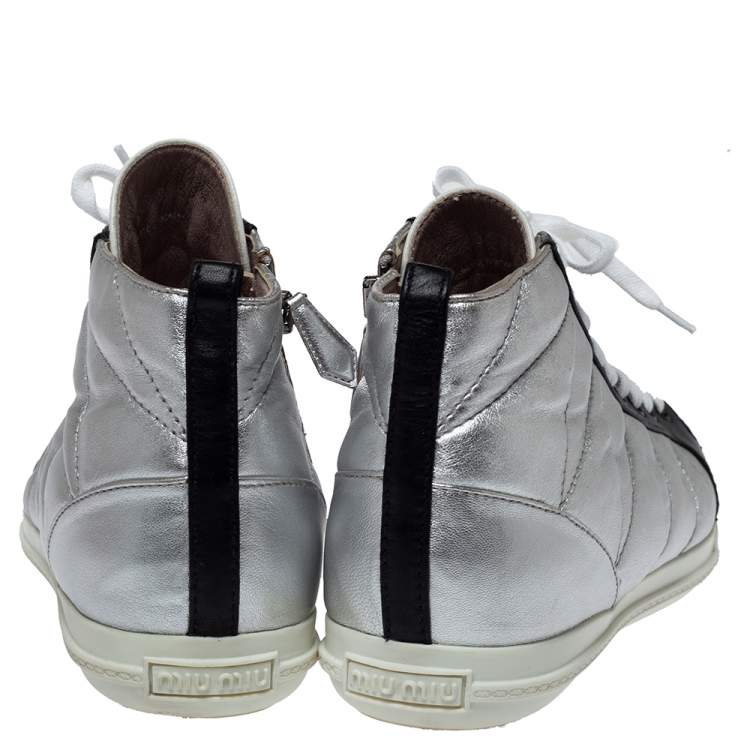 Pre Owned Miu Miu Silver/Black Quilted Leather Lace Up Zipper Sneakers Size 39.5